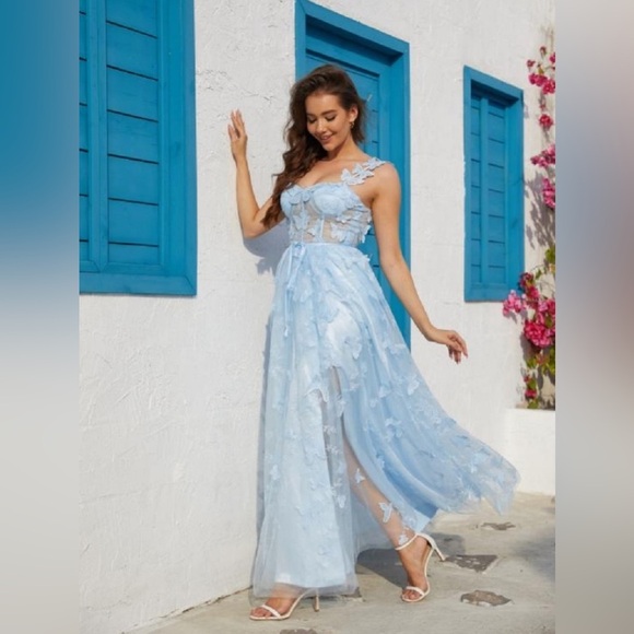 3D Butterfly Appliqué Tulle Light Blue Lace Dress Maxi Formal Prom Medium Large - Picture 1 of 9